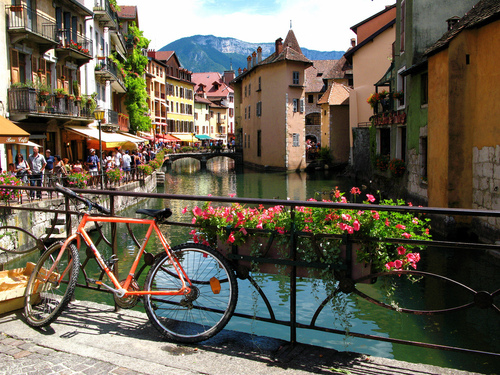 annecy, bicycle and cafe