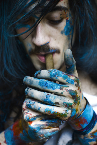 art, artist, black and white, blue, blue phot, cigar