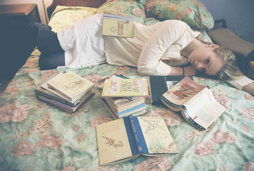 bed, book and books