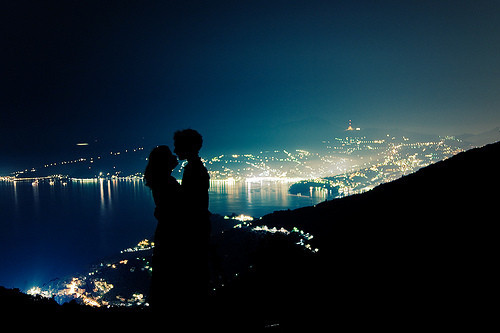 city, city lights and couple