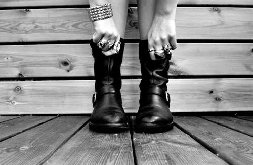 black and white, boots and bracelet