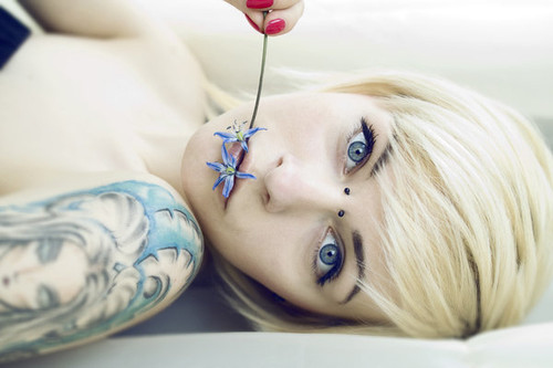 blonde, blue eyes and flower