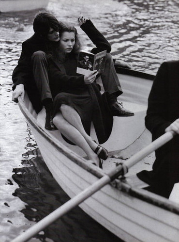 black and white, boat and couple