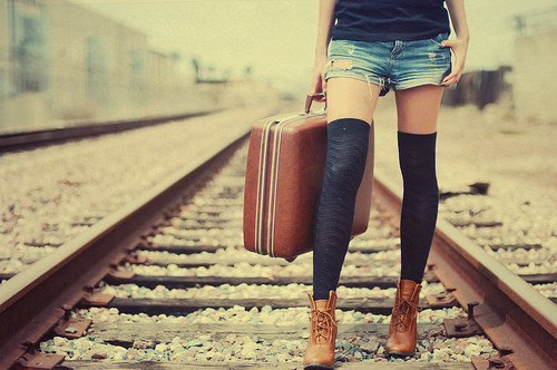 girl, jeans and railroad tracks