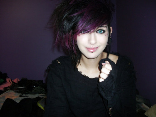 hair with purple. dyed hair, piercings, purple