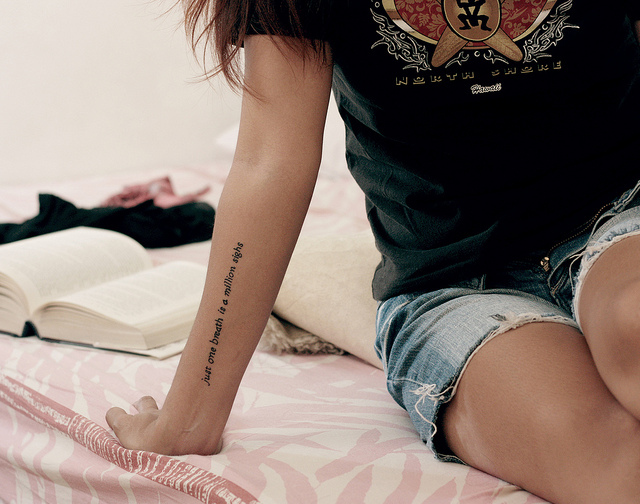 arm tattoo, bed and crop