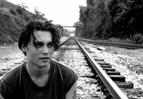 black and white, cool, depp, johnny depp, railroad tracks, young face