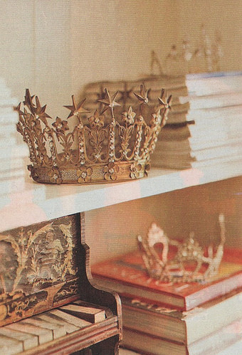 books, bookshelf and crown