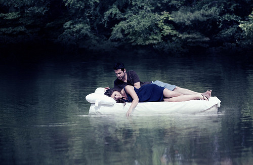 bed, couple and floating