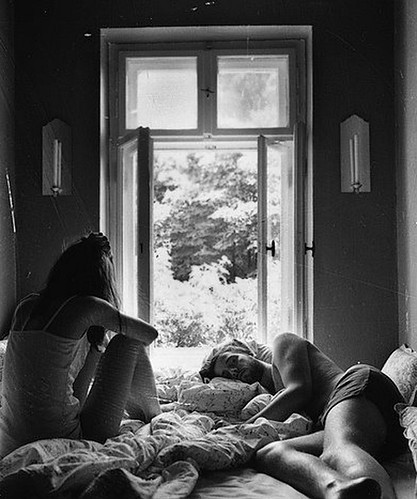 bed, black and white and couple