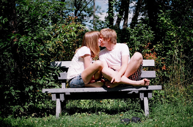 bench, couple and cute