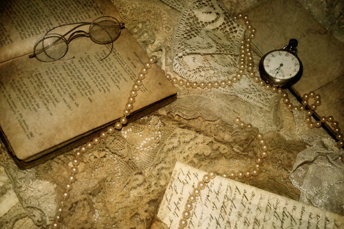 aged, book and lace