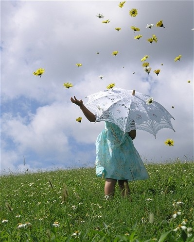 blue dress, children, clouds, daisy, field, flower field