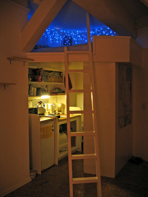 bed, bedroom and christmas lights