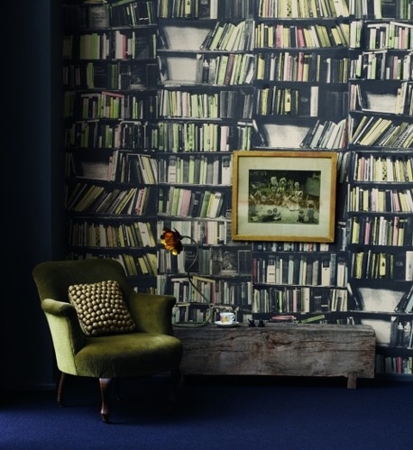 book wall, books and chair