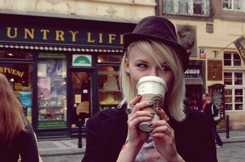 blond, coffe and hat