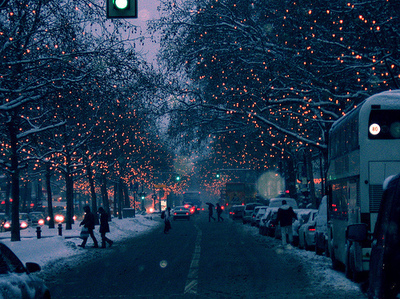 bus, car, green, lights, people, snow