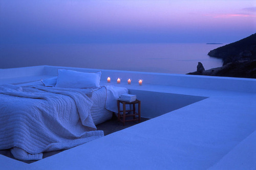 bed, blue and candles