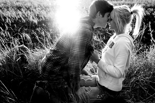 black and white, couple and field