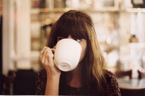 bangs,  brunette and  cup