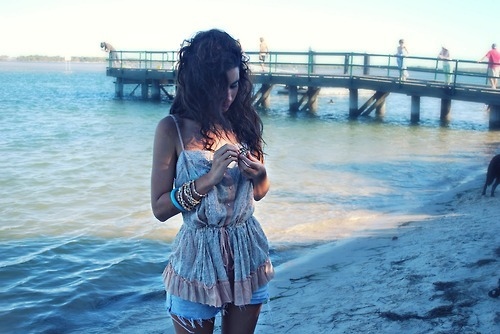 beach, boho, bracelets, brunette, girl, hair