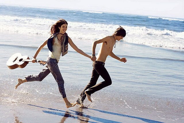 beach, couple and run