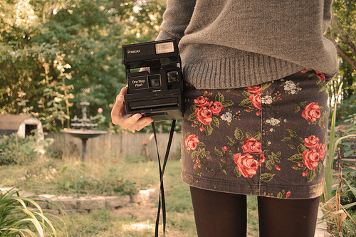 fashion, floral, floral skirt, photography, polaroid, polaroid camera