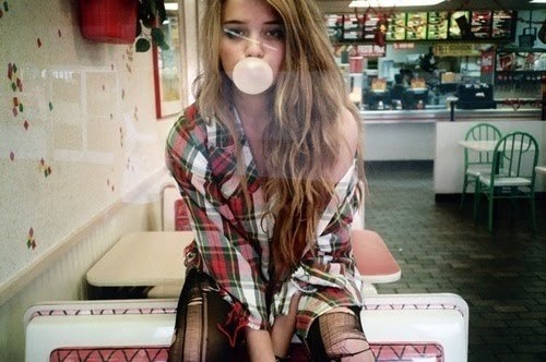bubble gum, girl, gum, hair, plaid, ripped
