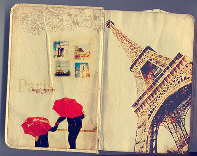 collage, eiffel, eiffel tower, paris, red umbrella, scapbook