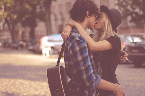 couple, guitar and kiss