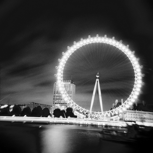 black and white, ferris wheel and lights