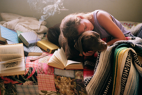 book, dog and girl
