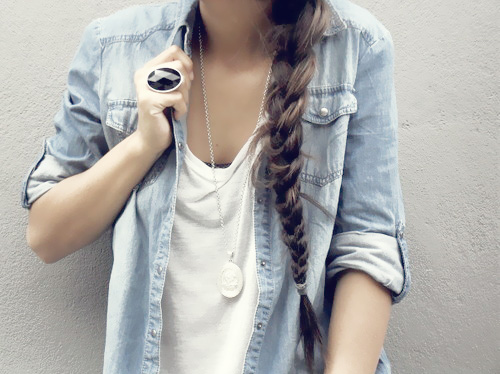 braided hair, denim shirt and fashion