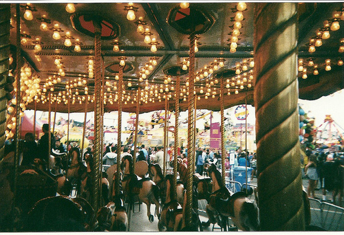 bronze, horses, lights, merry go round, park, people