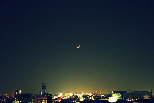 city, moon and night