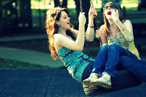 cute, friends, girls , swing, tire swing