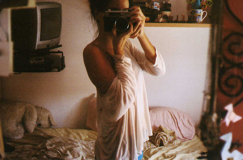 photography camera girl. bed, camera, girl, mirror,