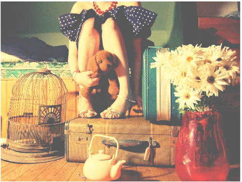 bird cage, cute, dress, girl, luggage, polka dots