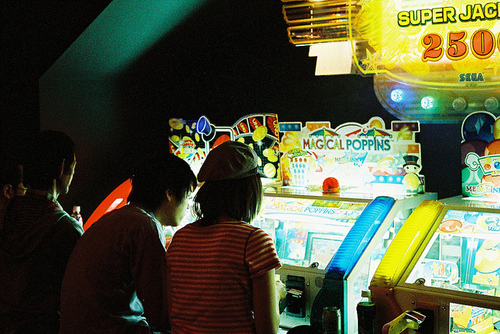arcade, boy and friends