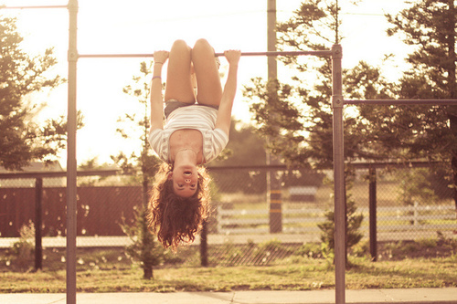 fence, girl and hanging upsidedown