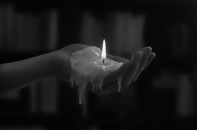 black and white, candle, fire, flame in hand, hot wax