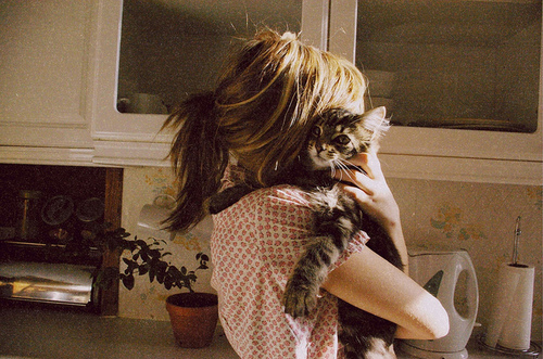 cat, embrace and girl