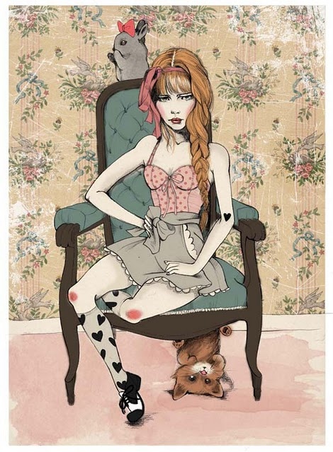 antique, braid, cat, chair, cute, girl