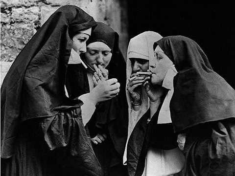 black and white, cigarette and nun