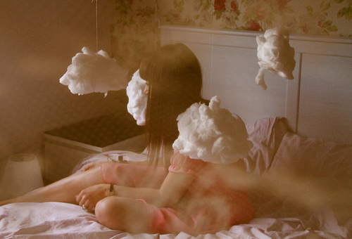 bed, brunette and clouds