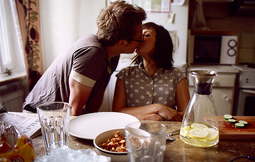 breakfast,  couple and  kiss