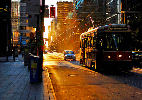 bus, city and dusk