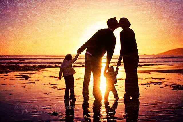 beach, children and dad