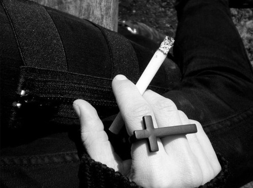 black and white, cigarette and cross