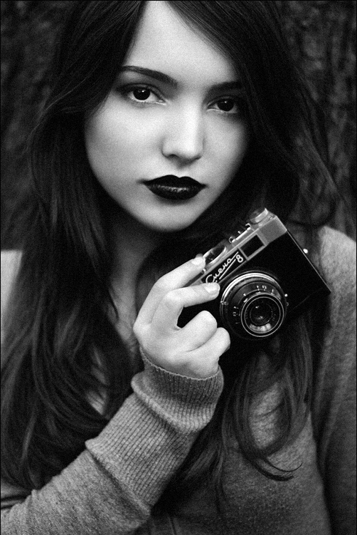black and white, camera and dark lips